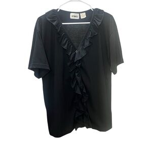 GITANO Black Ruffle Blouse Short Sleeve Shirt Casual Button Down size Large
